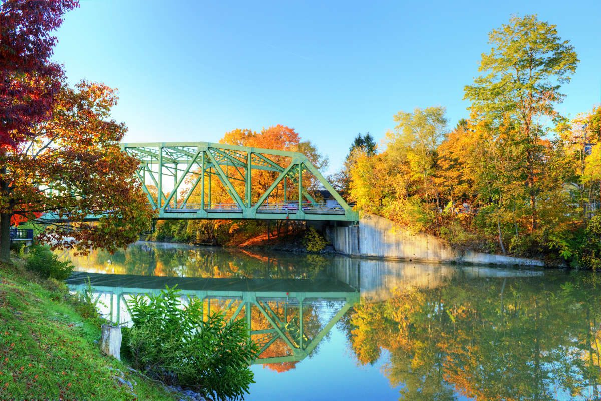Bridge and beautiful fall leaves on the Erie Canal-Pittsford, NY